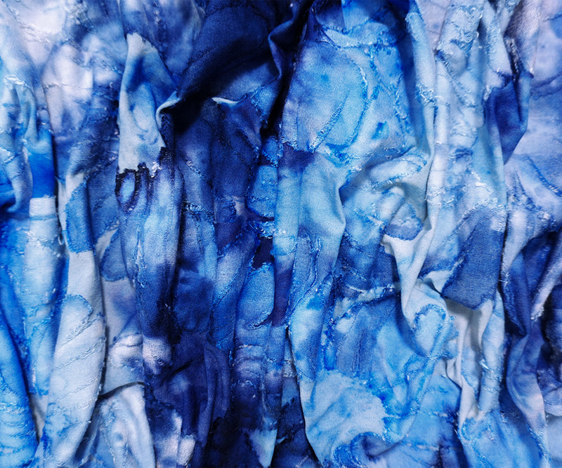 Blue-White Tie Dye Floral Jacquard Jersey Knit Designer Fabric