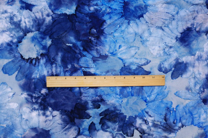 Blue-White Tie Dye Floral Jacquard Jersey Knit Designer Fabric
