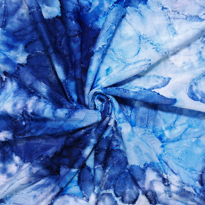 Blue-White Tie Dye Floral Jacquard Jersey Knit Designer Fabric