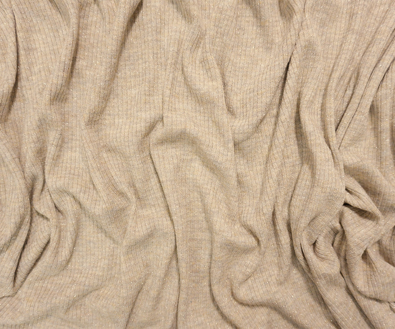 Beige-Silver Poly Blend Heather Sparkle Rib Knit Designer Fabric
