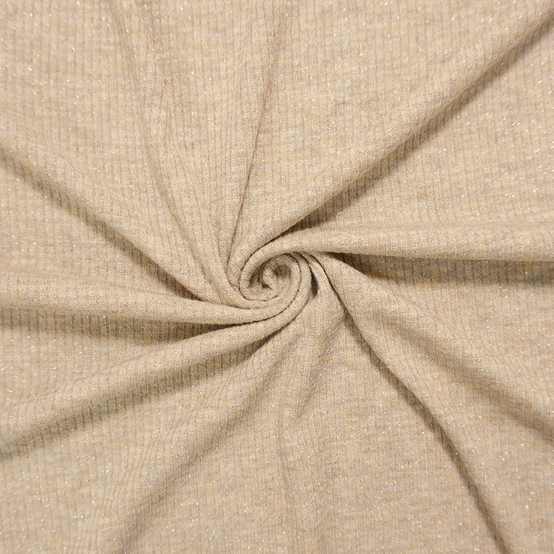 Beige-Silver Poly Blend Heather Sparkle Rib Knit Designer Fabric