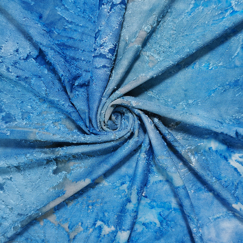 2 YD PC Blue Tie Dye Leaves Jacquard Jersey Knit Famous Designer Fabric
