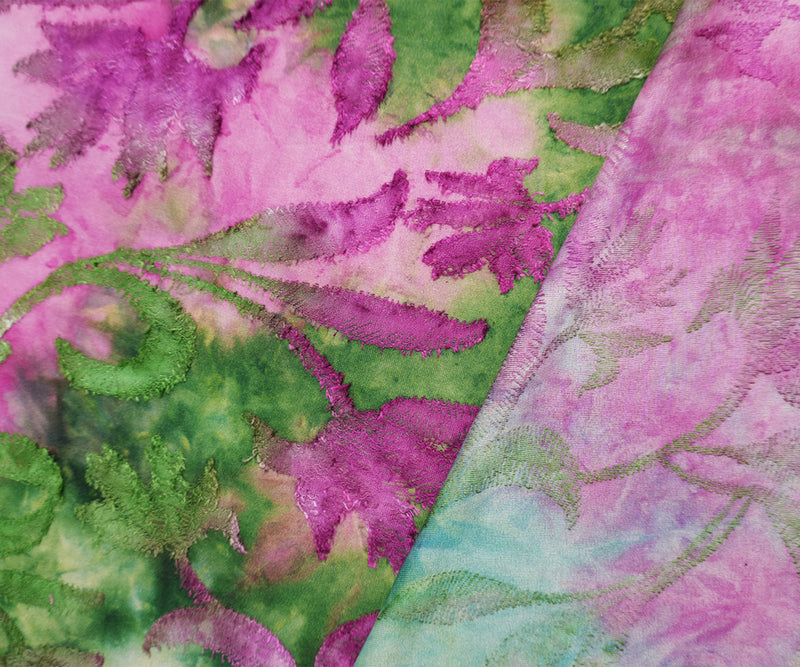 Purple-Green Tie Dye Floral Jacquard Jersey Knit Designer Fabric