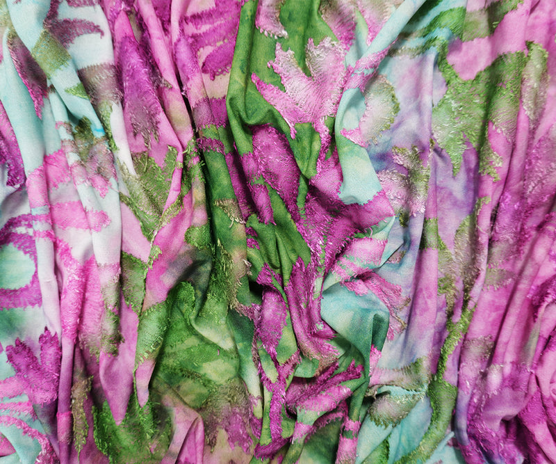 Purple-Green Tie Dye Floral Jacquard Jersey Knit Designer Fabric