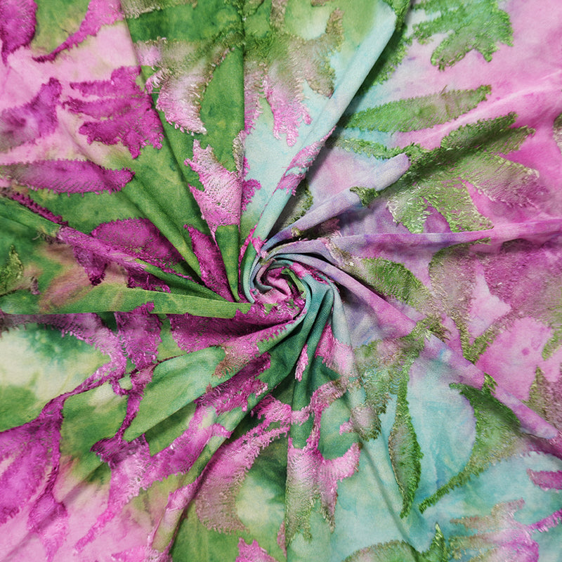 Purple-Green Tie Dye Floral Jacquard Jersey Knit Designer Fabric