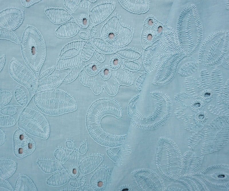 Blue Cotton Floral Embroidered Eyelet Woven Designer Fabric