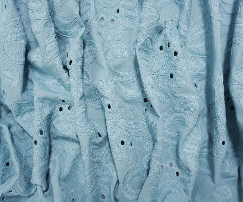 Blue Cotton Floral Embroidered Eyelet Woven Designer Fabric