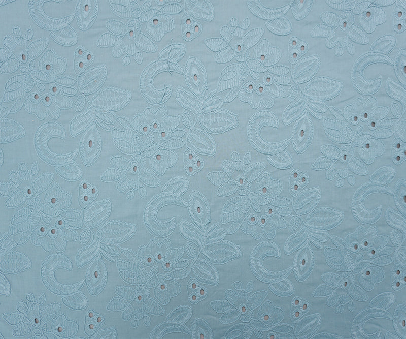 Blue Cotton Floral Embroidered Eyelet Woven Designer Fabric