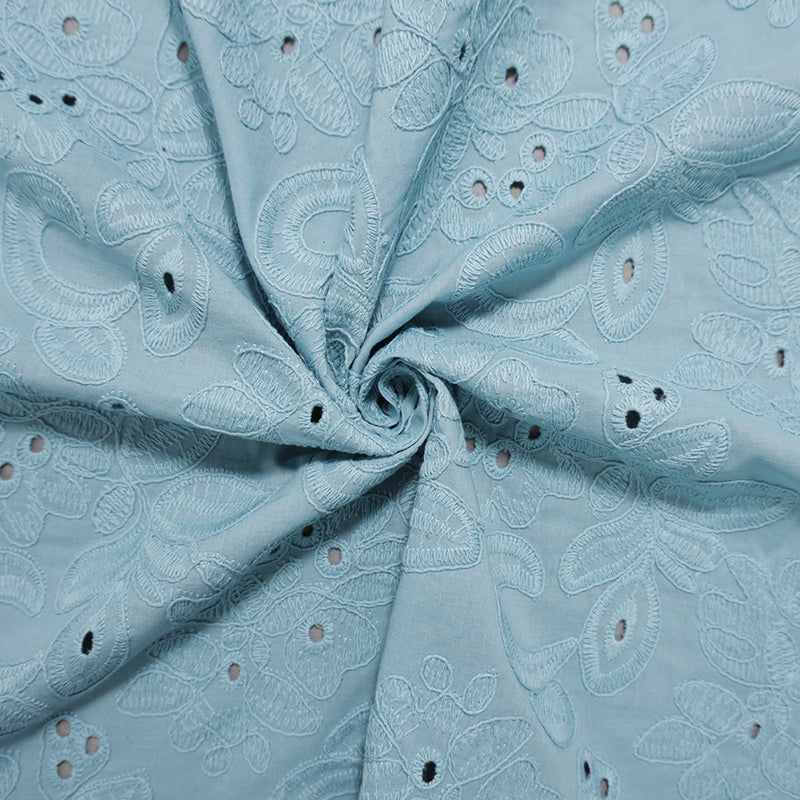 Blue Cotton Floral Embroidered Eyelet Woven Designer Fabric