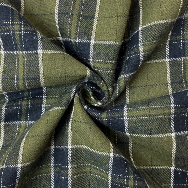 Green-Navy-White Poly Cotton Plaid Flannel Twill Woven Fabric