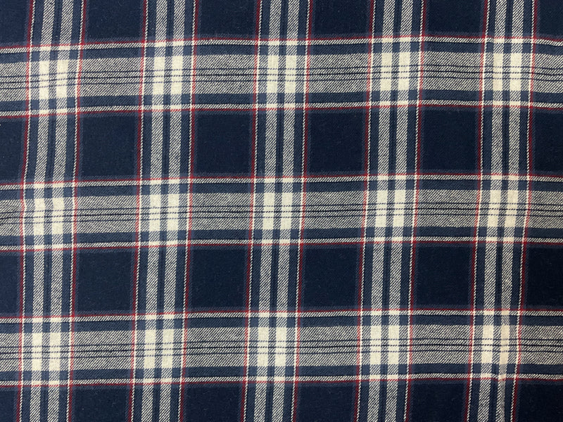 Navy-Red-White Cotton Plaid Flannel Twill Woven Fabric