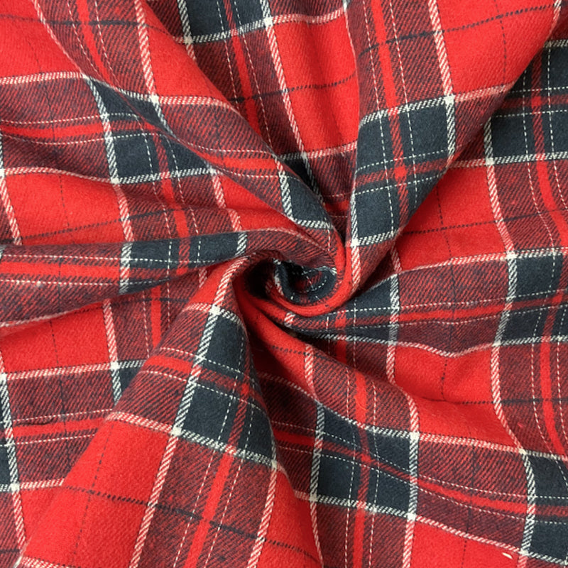 Red-Navy-White Cotton Plaid Flannel Twill Woven Fabric