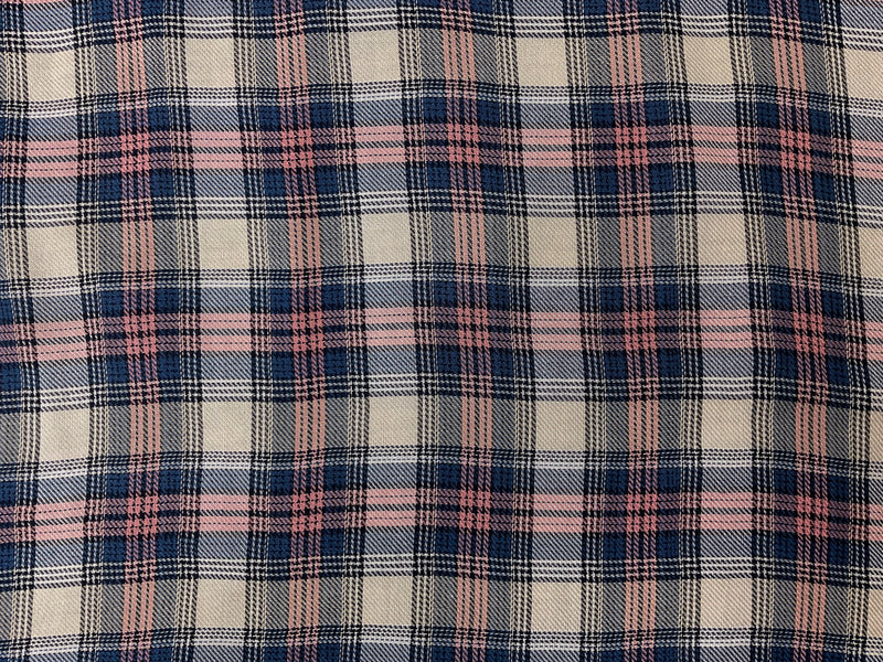 Blue-Pink-Multi Poly Viscose Cotton Check Twill Woven Fabric