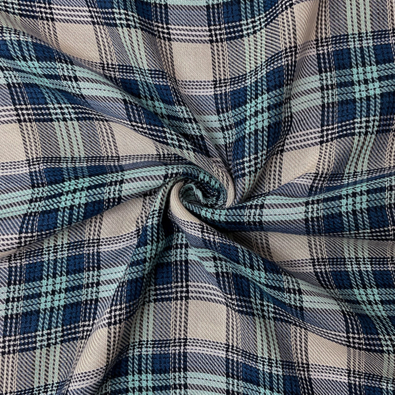 Blue-White-Multi Rayon Plaid Twill Woven Fabric