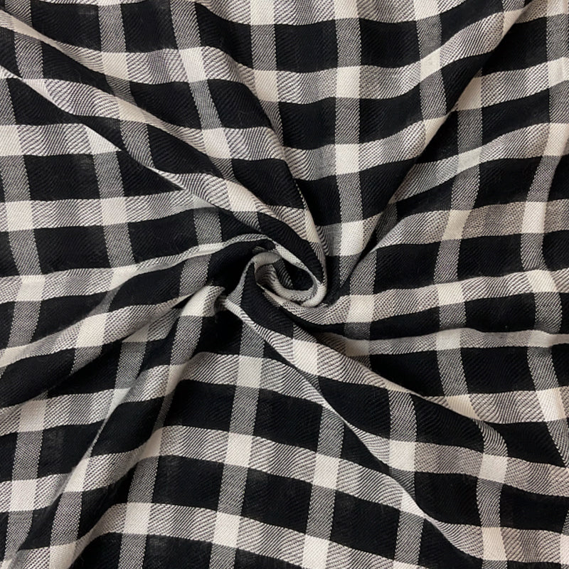 Black-White Poly Viscose Cotton Check-Plaid Twill Gauze Fabric