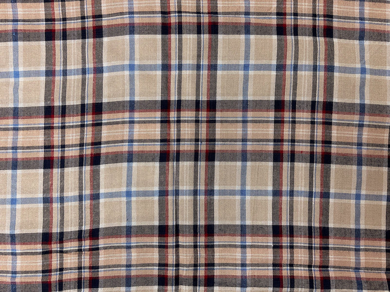 Beige-Red-Blue Rayon Plaid Woven Fabric