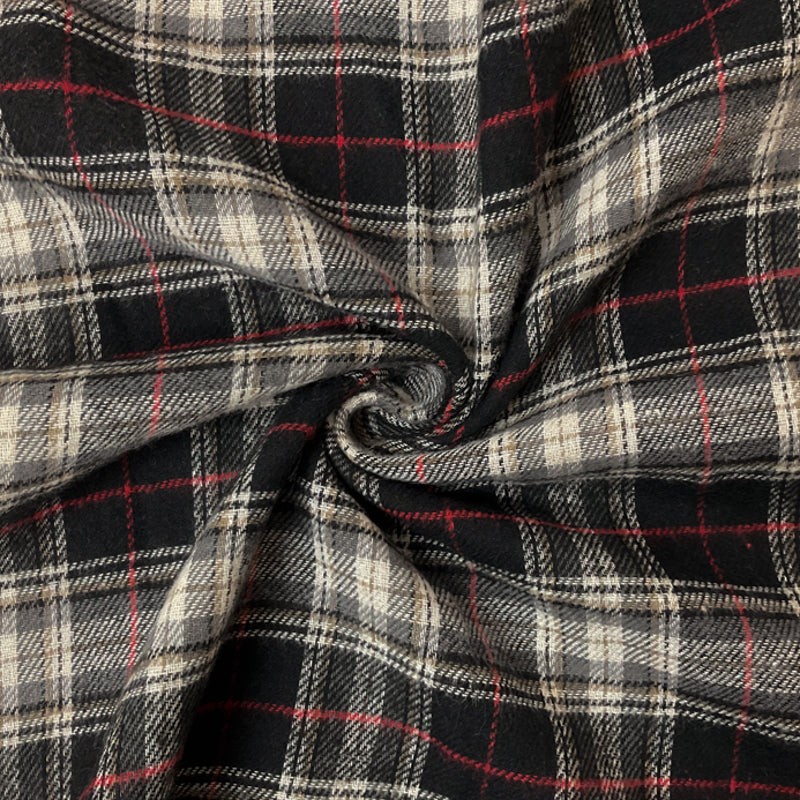 Black-White-Red Poly Cotton Plaid Flannel Twill Woven Fabric