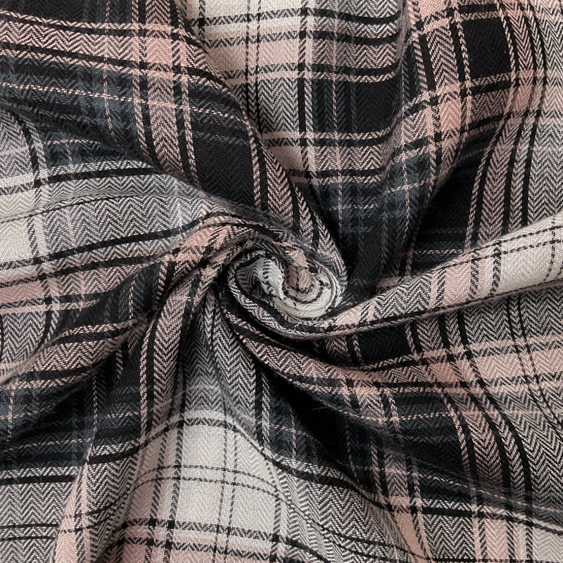 Black-Pink-Mulgi Rayon Plaid Herringbone Twill Gauze Woven Fabric
