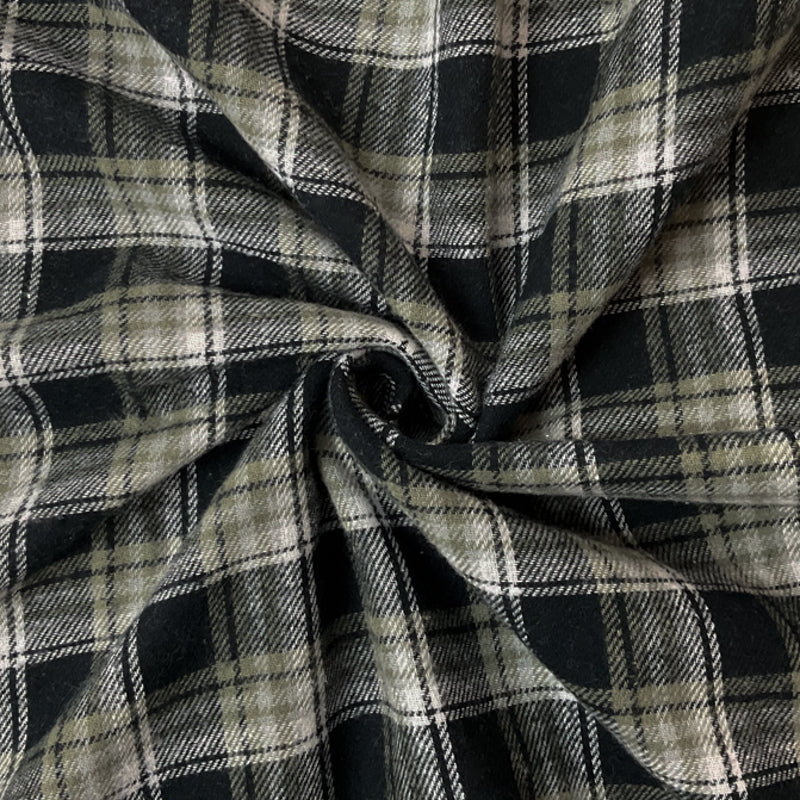 Black-Green-White Cotton Plaid Flannel Twill Woven Fabric