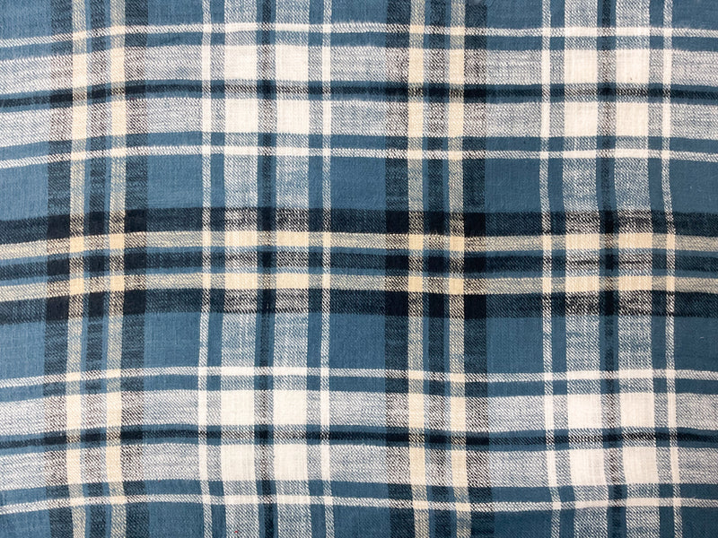 Blue-White-Black Cotton Plaid Flannel Twill Woven Fabric