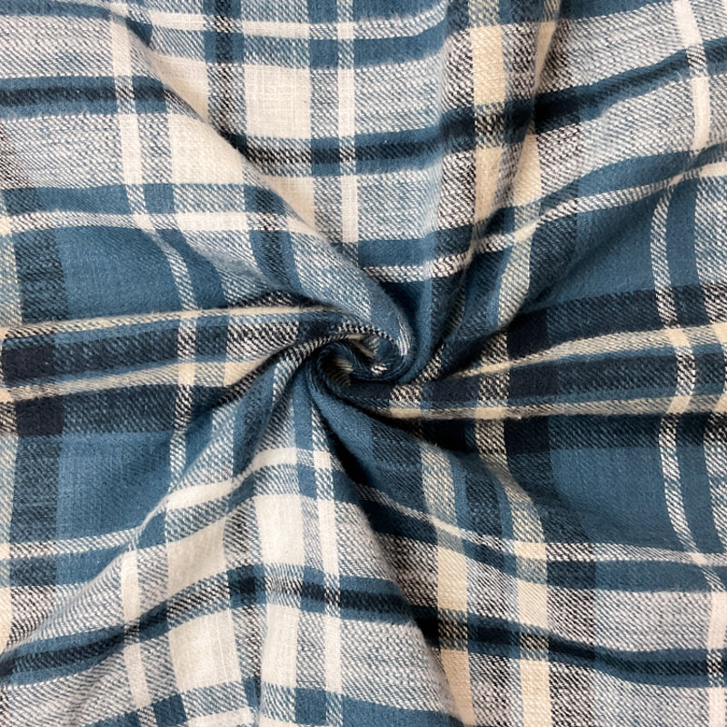 Blue-White-Black Cotton Plaid Flannel Twill Woven Fabric