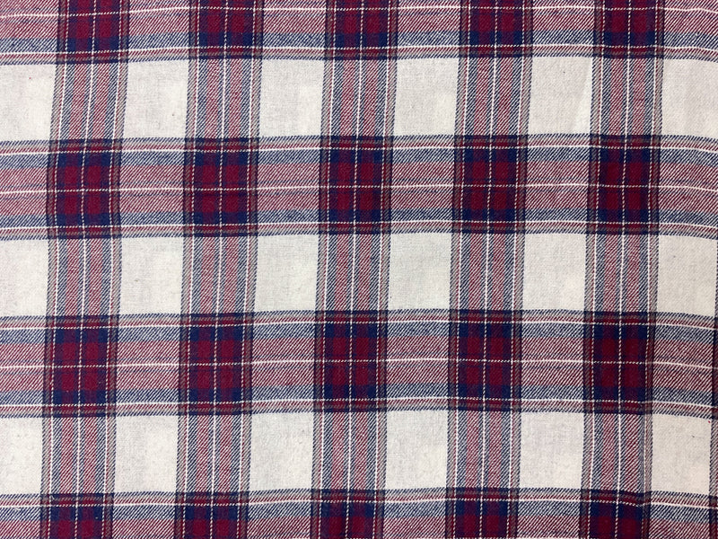 Burgundy-Blue-White Cotton Plaid Flannel Twill Woven Fabric