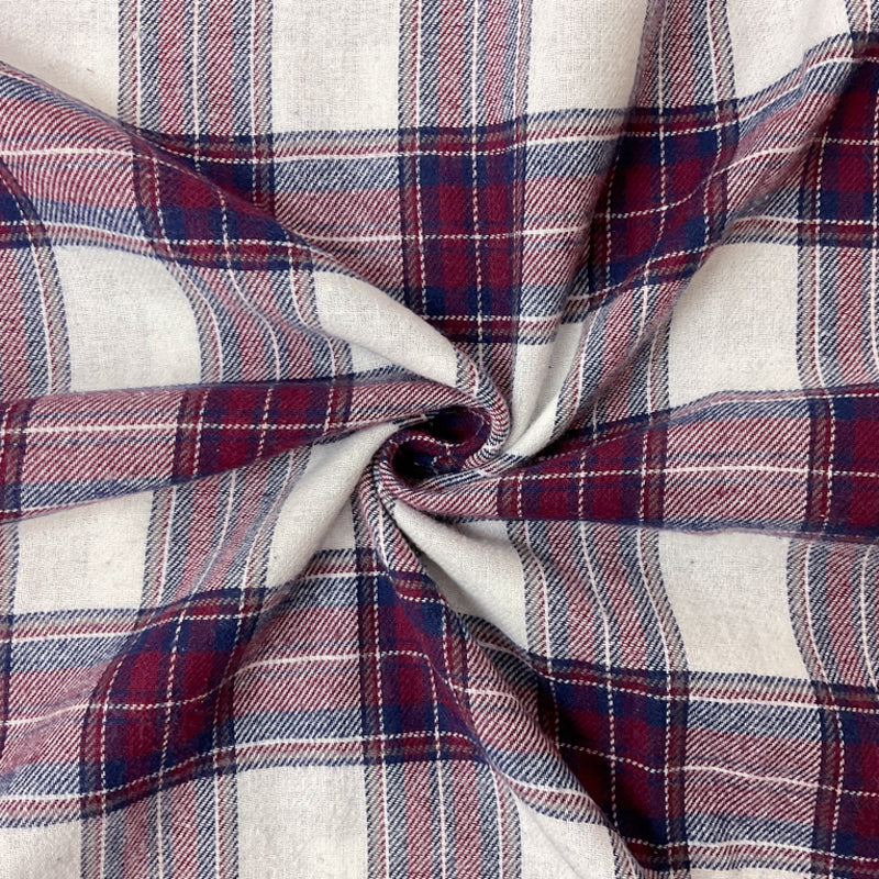 Burgundy-Blue-White Cotton Plaid Flannel Twill Woven Fabric