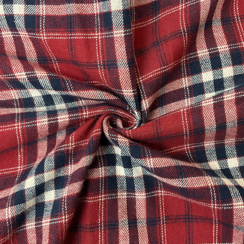 Red-Navy-White Cotton Plaid Flannel Twill Woven Fabric