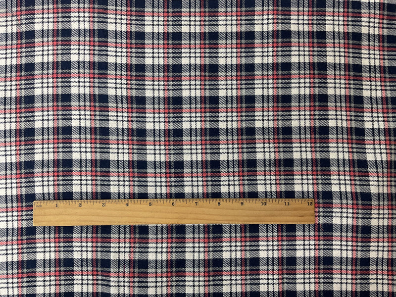 Navy-Coral-White Cotton Plaid Flannel Twill Woven Fabric