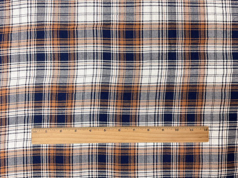 Brown-Navy-White Rayon Plaid Herringbone Twill Woven Fabric