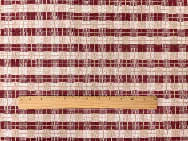 Red-Beige-White Poly Spandex Stretch Plaid Double Knit Fabric