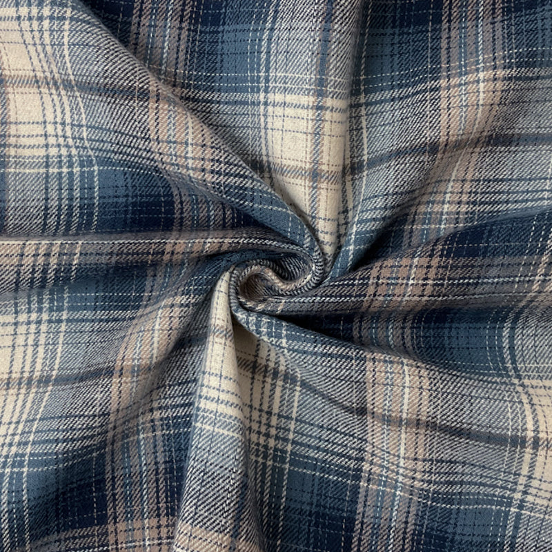 Blue-Beige-Multi Cotton Plaid Flannel Twill Woven Fabric