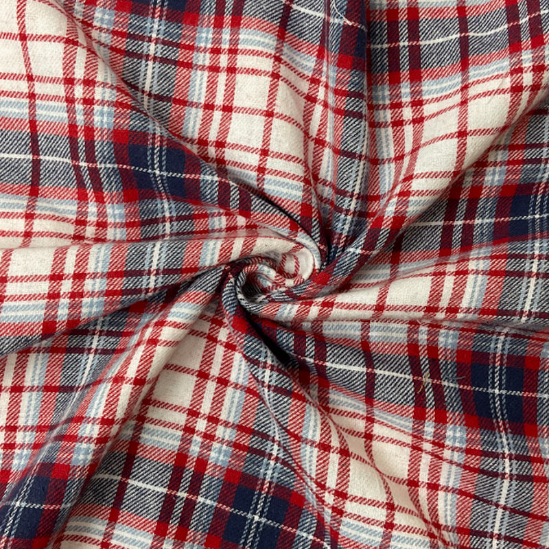 Blue-Red-White Cotton Plaid Flannel Twill Woven Fabric
