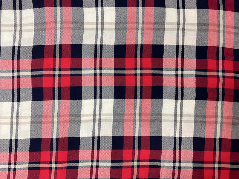 Red-Deep Navy-White Rayon Plaid Twill Woven Fabric