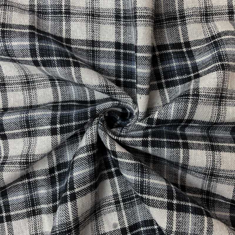 Gray-Black-Blue Cotton Plaid Flannel Twill Woven Fabric