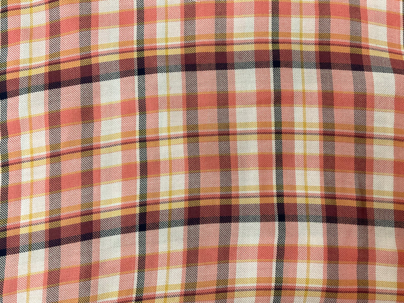 Coral-Yellow-Multi Rayon Plaid Twill Woven Fabric