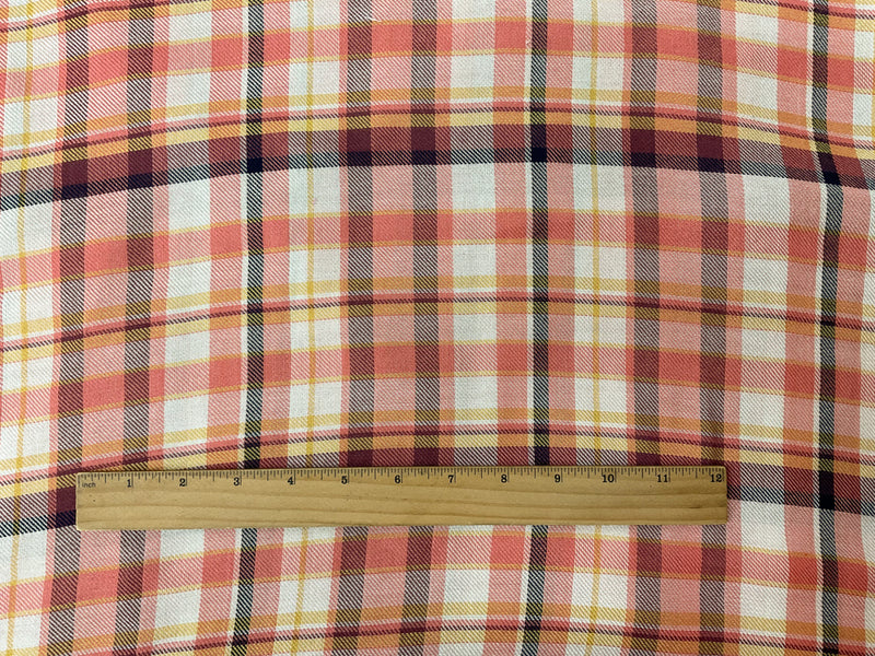 Coral-Yellow-Multi Rayon Plaid Twill Woven Fabric