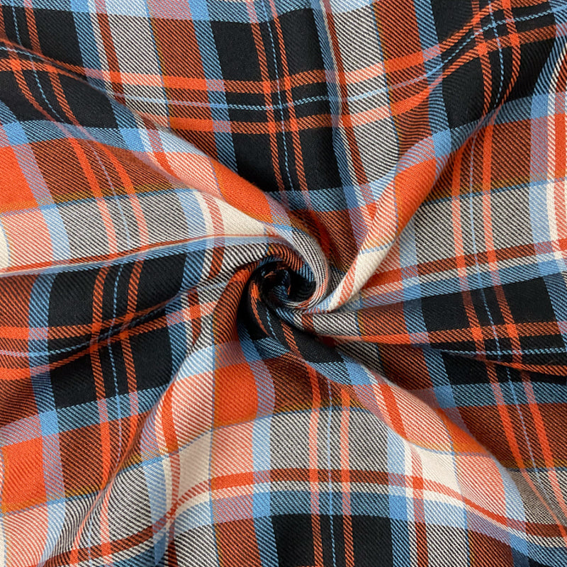 Orange-Navy Rayon Plaid Twill Woven Fabric