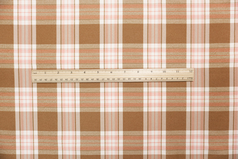 Brown-Coral Rayon Cotton Spandex Stretch Plaid Twill Woven Fabric