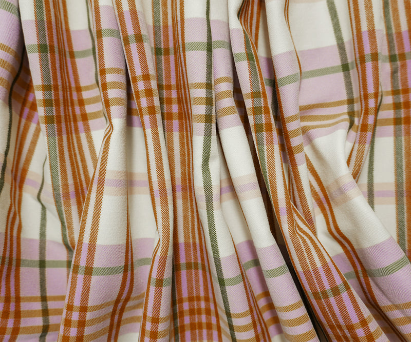 Purple-Ivory-Multi Rayon Cotton Stretch Plaid Twill Woven Fabric