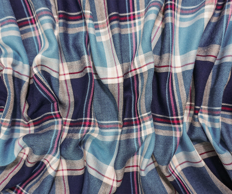 Blue-Red-Multi Rayon Plaid Twill Woven Fabric