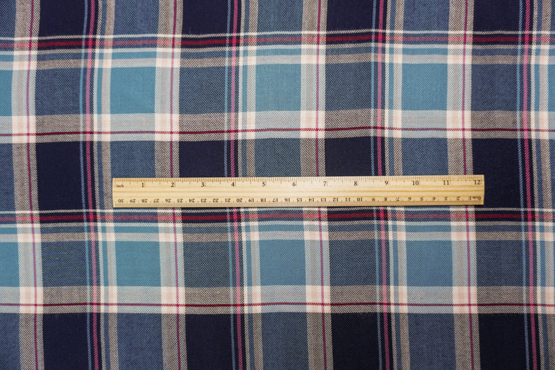 Blue-Red-Multi Rayon Plaid Twill Woven Fabric