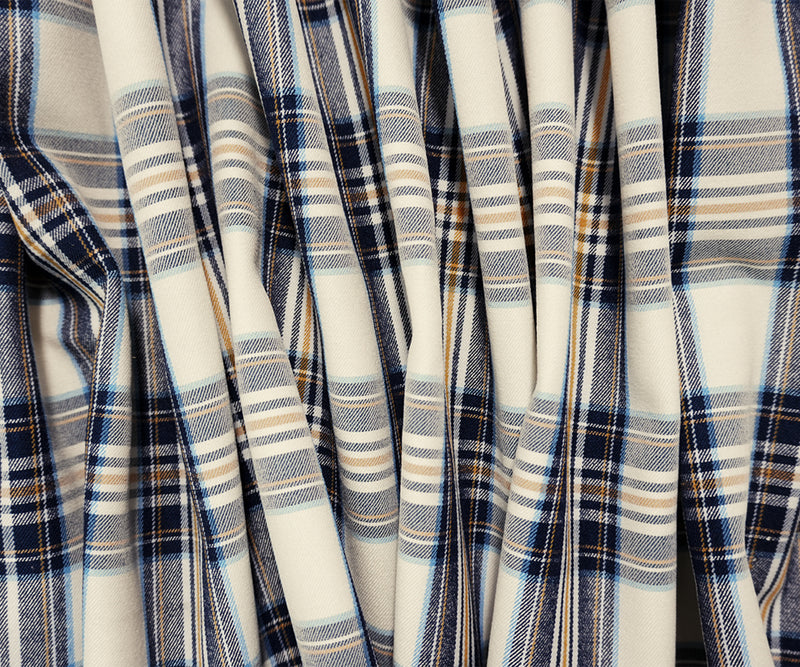 Blue-Yellow-Multi Rayon Cotton Stretch Plaid Twill Woven Fabric