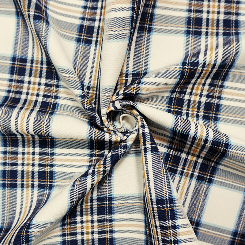 Blue-Yellow-Multi Rayon Cotton Stretch Plaid Twill Woven Fabric