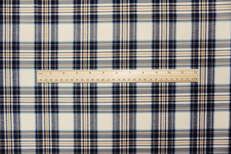 Blue-Yellow-Multi Rayon Cotton Stretch Plaid Twill Woven Fabric