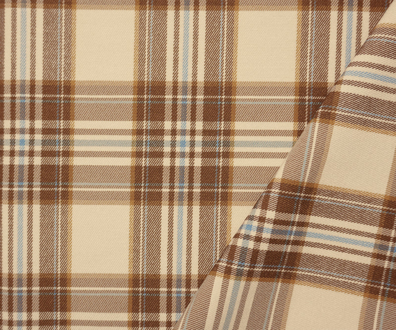 Brown-Blue-Ivory Rayon Cotton Stretch Plaid Twill Woven Fabric