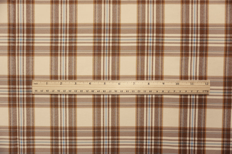 Brown-Blue-Ivory Rayon Cotton Stretch Plaid Twill Woven Fabric