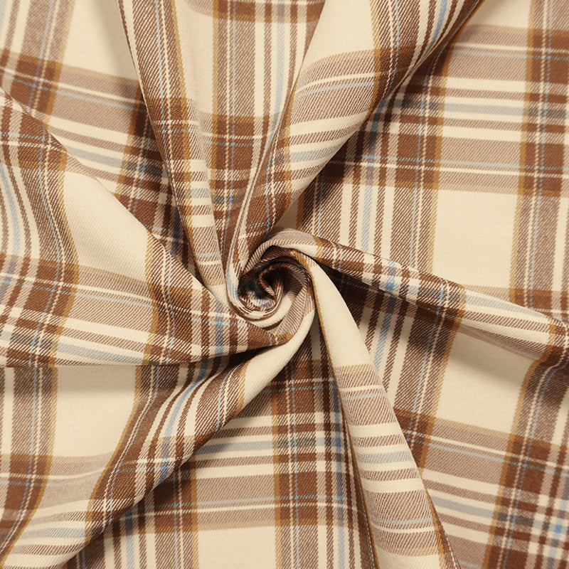 Brown-Blue-Ivory Rayon Cotton Stretch Plaid Twill Woven Fabric