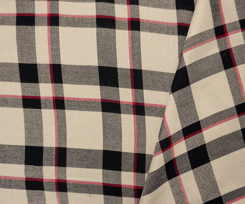 Black-Red-Multi Rayon Plaid Twill Woven Fabric