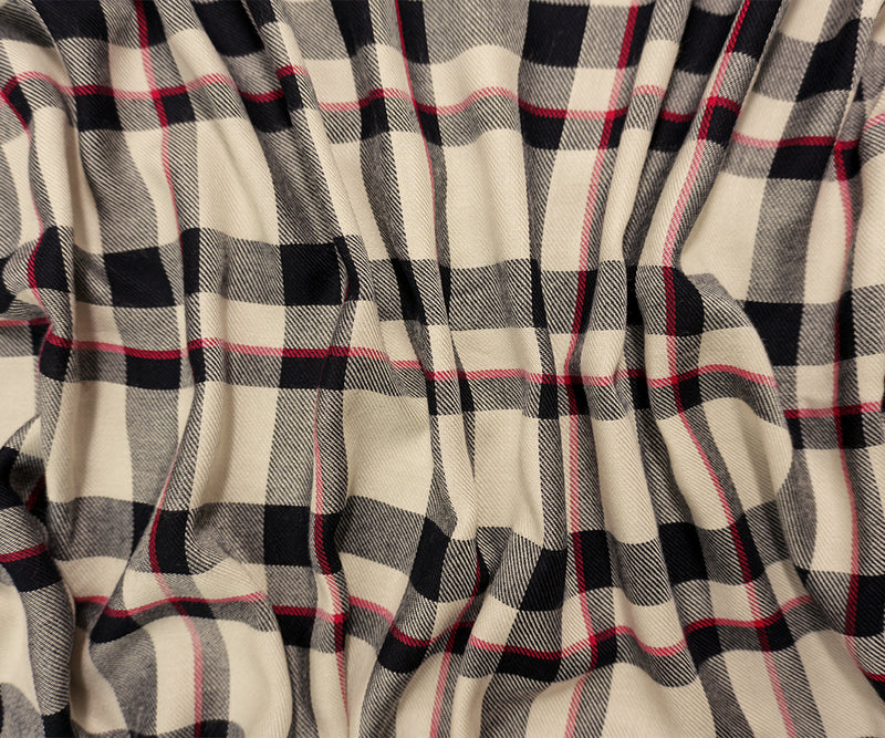 Black-Red-Multi Rayon Plaid Twill Woven Fabric